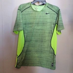 Nike Pro Combat Dri-Fit Fitted Neon Yellow Stipes Short Sleeve Athletic Shirt